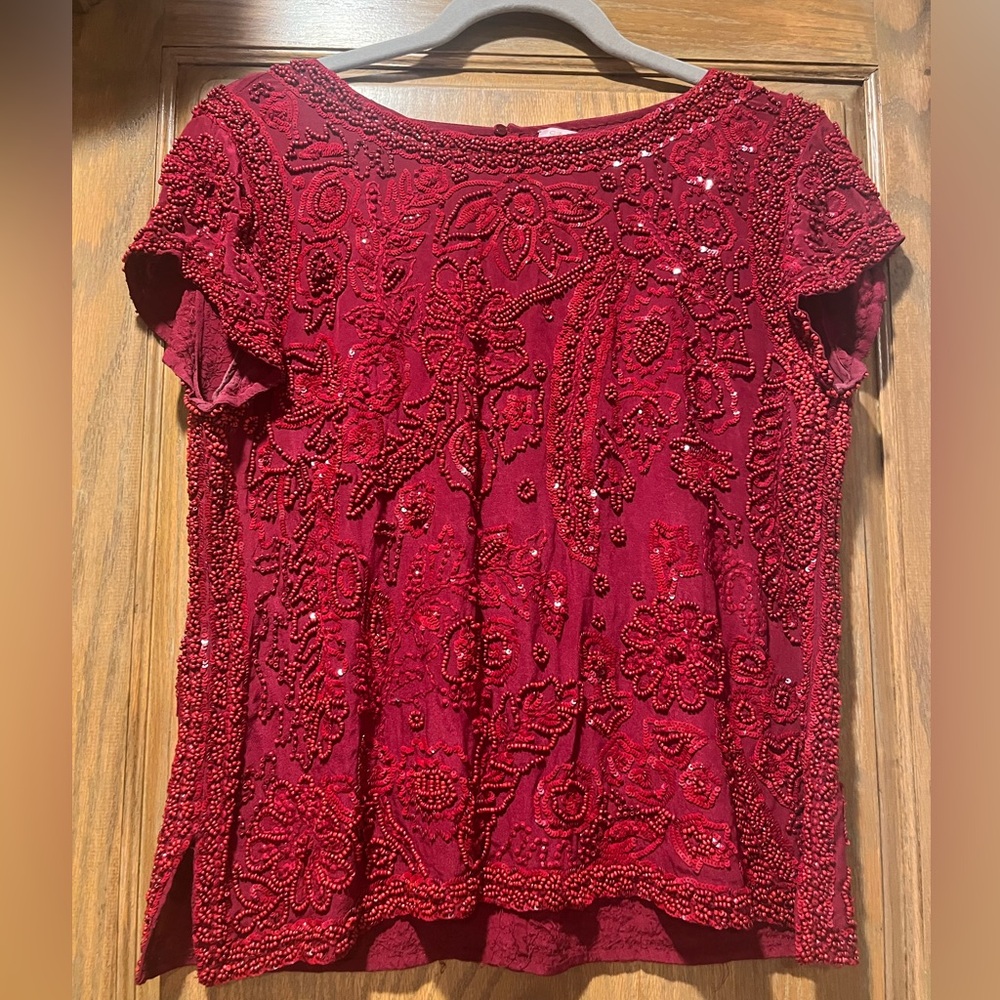 Dark Red Silk Beaded Blouse
